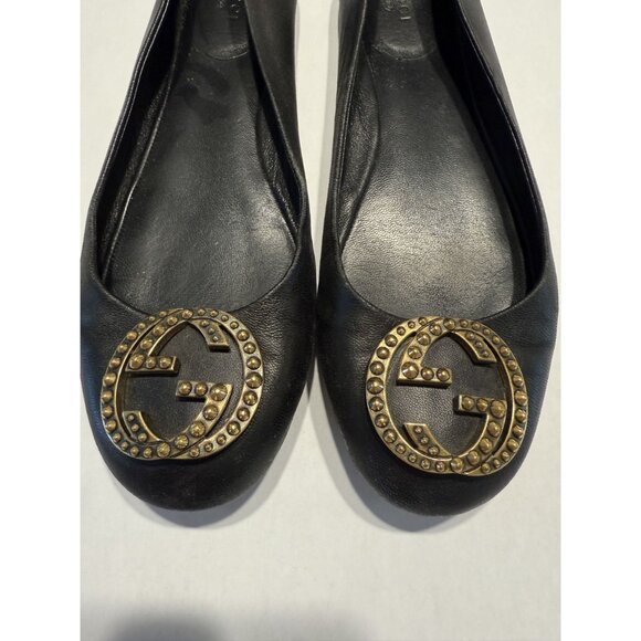 Gucci Charlotte Nero Black Nappa Leather GG Ballet Flats Vintage Women's 38 - Picture 6 of 10